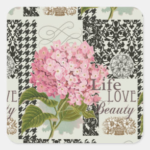 Chic Pink Hydrangea Collage Vintage Damask Art Square Sticker