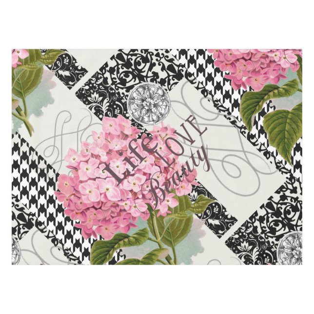 Chic Pink Hydrangea Collage Vintage Damask Art Tablecloth (Front (Horizontal))