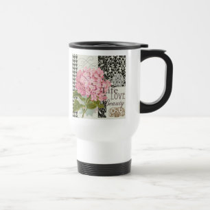 Chic Pink Hydrangea Collage Vintage Damask Art Travel Mug