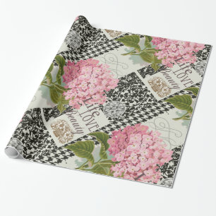 Chic Pink Hydrangea Collage Vintage Damask Art Wrapping Paper