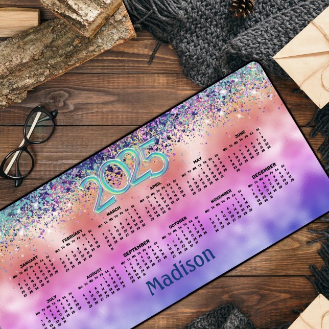 Chic pink iridescent faux glitter 2025 calendar  desk mat (Creator Uploaded)