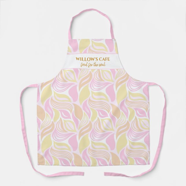 Chic Pink Leaf Pattern Custom Spa Cafe Name Apron (Front)