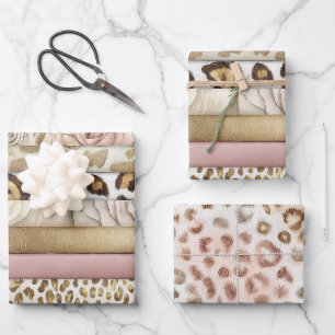 Chic Pink Leopard Floral Ivory Stripes Birthday Wrapping Paper Sheet