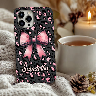 chic pink leopard print coquette bow monogram iPhone 16 case