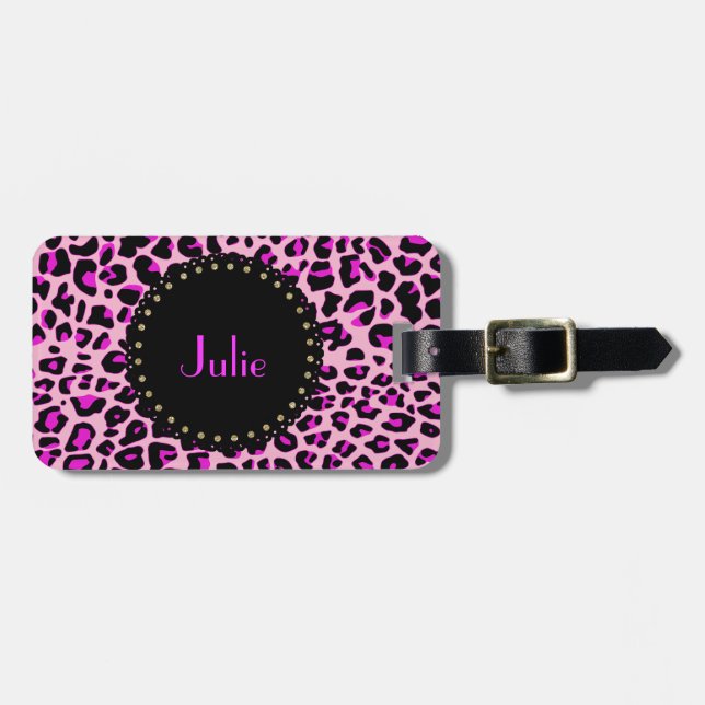 Chic Pink Leopard Print Luggage Tag (Front Horizontal)