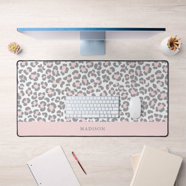 Chic Pink Leopard Print Personalised  Desk Mat (Office 1)