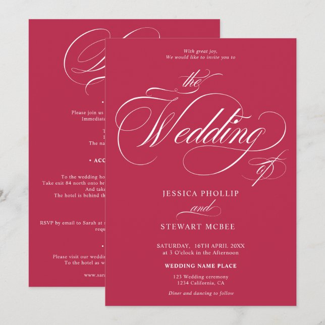 Chic pink magenta all in one calligraphy wedding invitation (Front/Back)