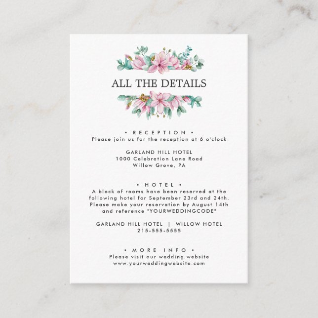 Chic Pink Magnolia Wedding Details Directions Enclosure Card (Front)