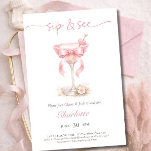 Chic Pink Martini Tini One Baby Girl Sip And See  Invitation