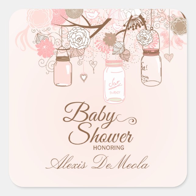 Chic pink mason jar floral baby shower stickers (Front)