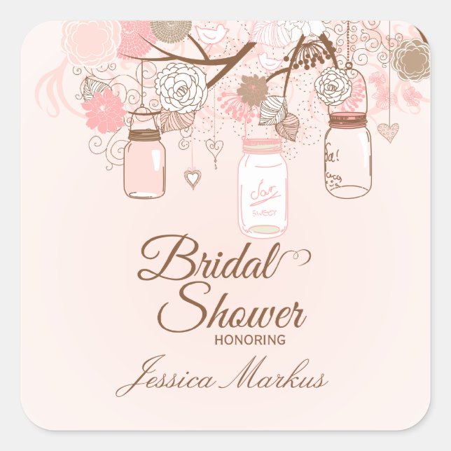 Chic pink mason jar floral bridal shower stickers (Front)