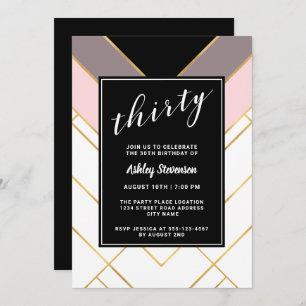 Chic Pink Mauve and Black Geometric 30th Birthday Invitation