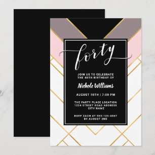 Chic Pink Mauve and Black Geometric 40th Birthday Invitation