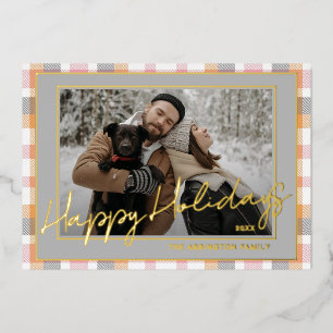 Chic Pink Mauve Grey Plaid Gold Foil Family Photo Holiday Card