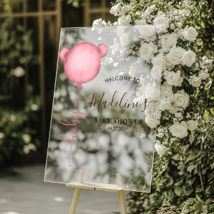 Chic Pink Minimalist Bear Balloon Baby Shower Acrylic Sign