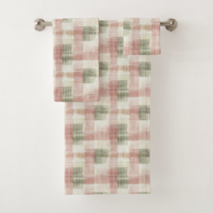 Chic Pink Mint Cream Plaid Stripes   Bath Towel Set
