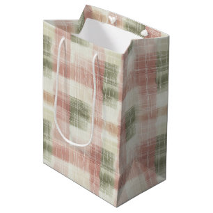 Chic Pink Mint Cream Plaid Stripes Birthday Medium Gift Bag