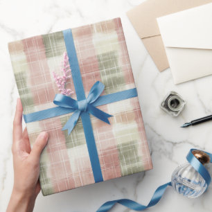 Chic Pink Mint Cream Plaid Stripes Birthday Wrapping Paper