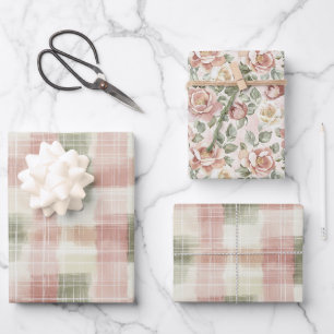 Chic Pink Mint Cream Plaid Stripes Birthday Wrapping Paper Sheet
