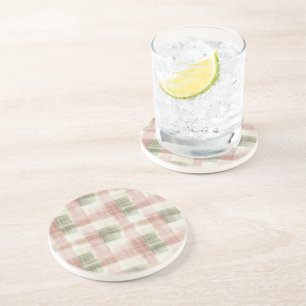 Chic Pink Mint Cream Plaid Stripes Coaster