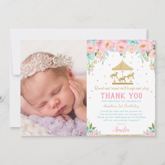 Chic Pink Mint Floral Carousel 1st Birthday Photo Thank You Card (Front)