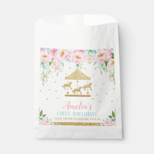 Chic Pink Mint Floral Carousel Birthday Party Favour Bags (Front)