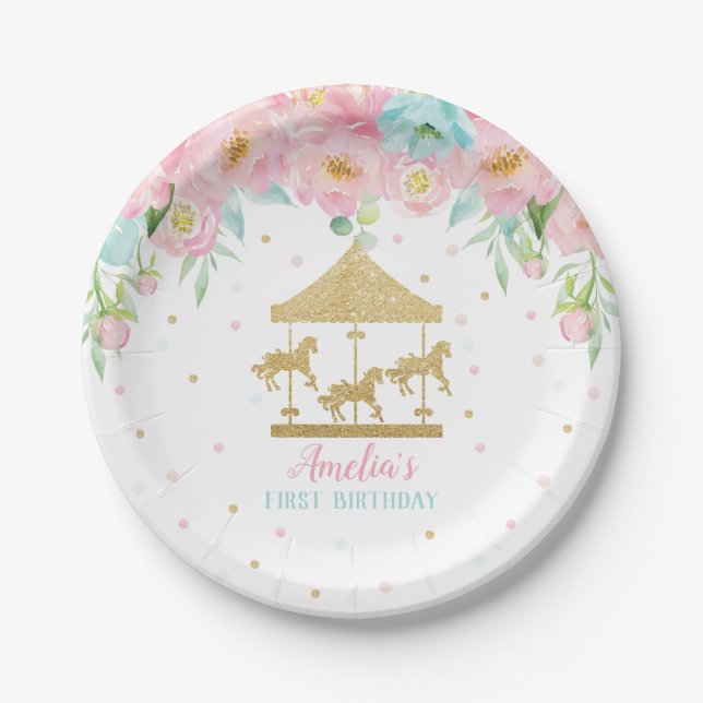 Chic Pink Mint Floral Carousel Birthday Party Paper Plate (Front)