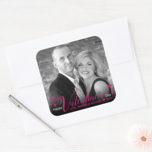 Chic Pink Modern Script Hearts Black White Photo Square Sticker