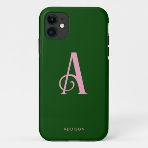 Chic Pink Monogram Initial Name on Dark Green iPhone 11 Case