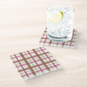 Chic Pink Navy Plaid Aesthetic Glass Coaster