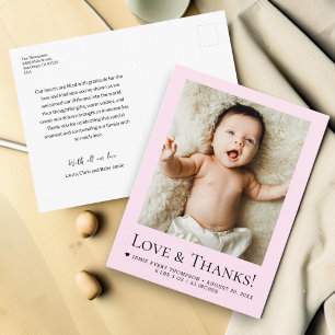 Chic Pink Newborn Photo Love & Thanks Birth Stats Postcard