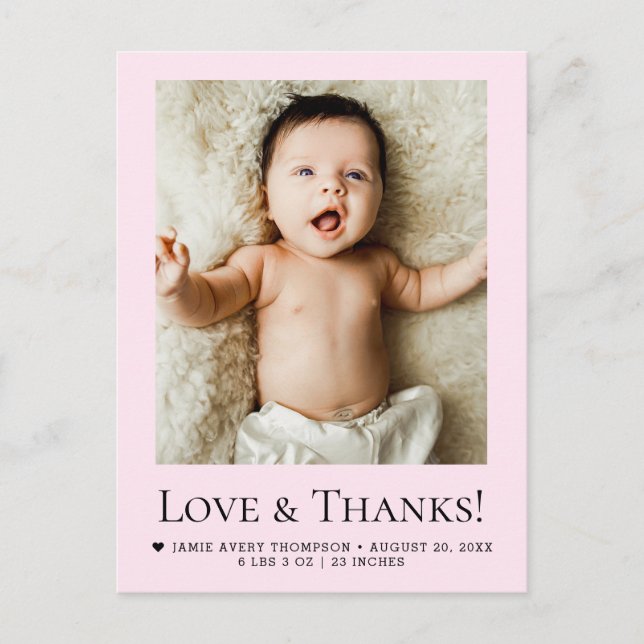 Chic Pink Newborn Photo Love & Thanks Birth Stats Postcard (Front)