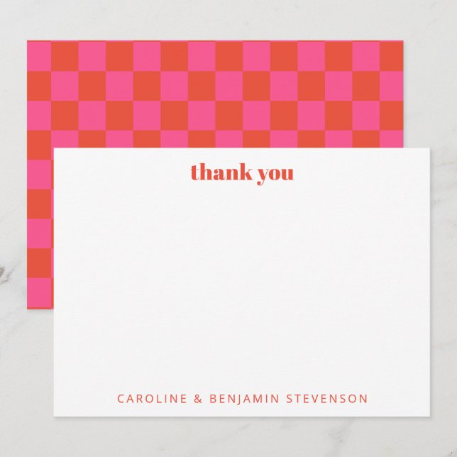 Chic Pink Orange Chequerboard Personalised  Thank You Card (Front/Back)