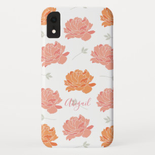 Chic Pink & Orange Peonies Pattern Monogram iPhone XR Case
