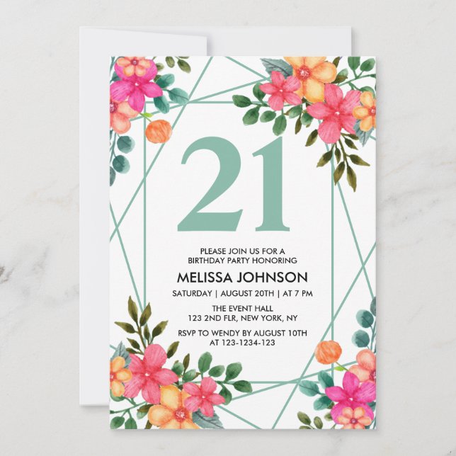 Chic Pink Orange Spring Flower 21st Birthday Invitation (Front)