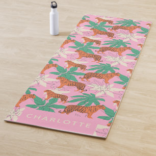 Chic Pink Orange Tiger Jungle Personalized Name Yoga Mat