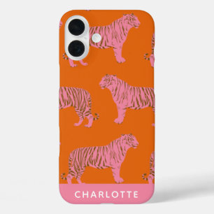Chic Pink Orange Tiger Pattern Personalised Name iPhone 16 Plus Case
