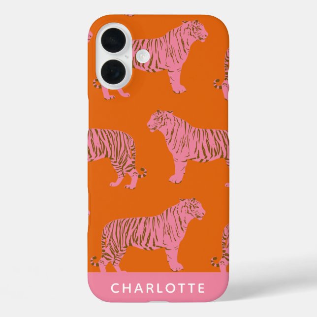 Chic Pink Orange Tiger Pattern Personalised Name Case-Mate iPhone Case (Back)