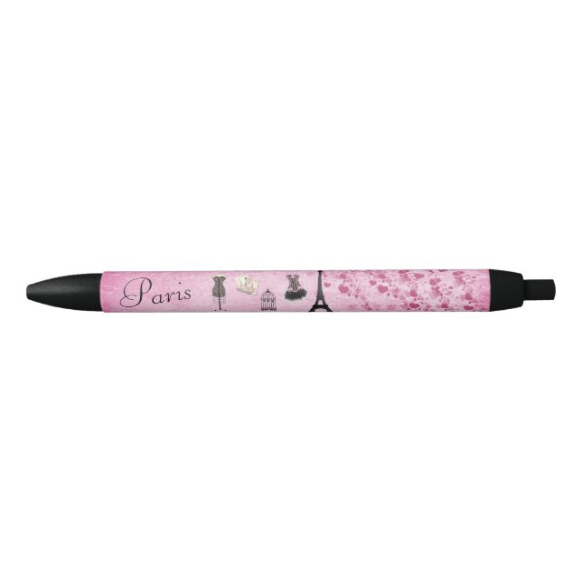 Chic Pink Paris Eiffel Tower Fashion Black Ink Pen (Front)