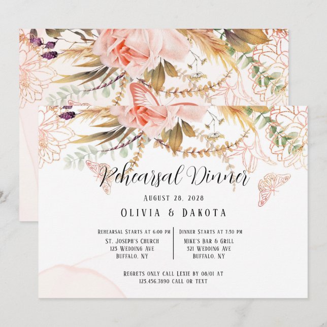 Chic Pink Peony Butterfly Rehearsal Dinner Invitation (Front/Back)