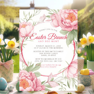Chic Pink Peony Floral Easter Brunch and Egg Hunt Invitation