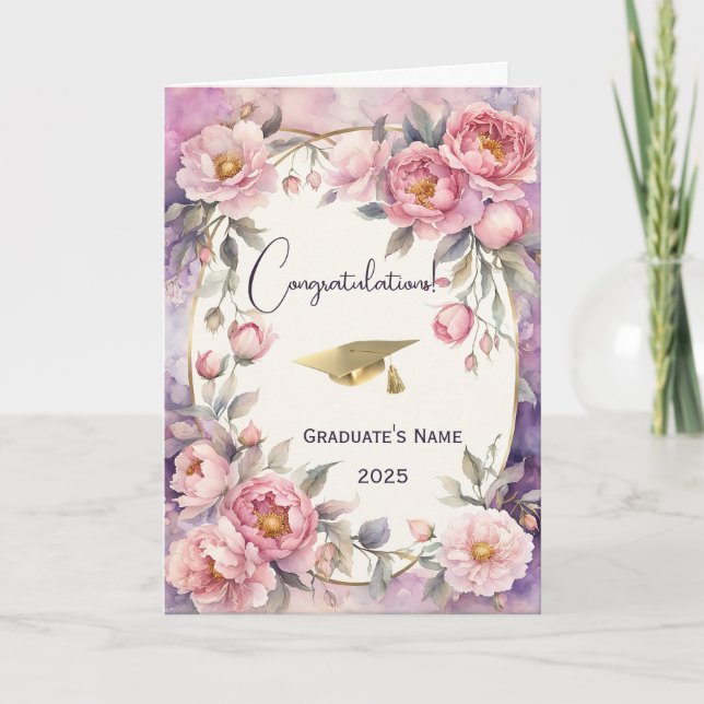 Chic Pink Peony Oval Frame Graduation Card (Front)