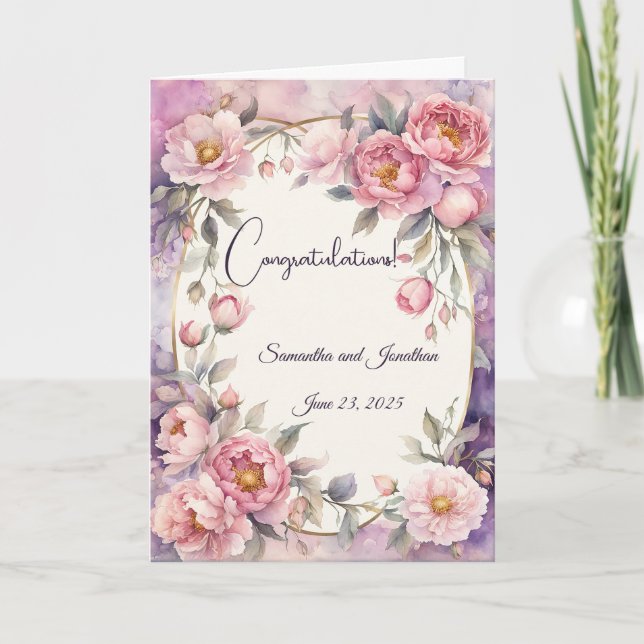 Chic Pink Peony Oval Frame Wedding  Card (Front)