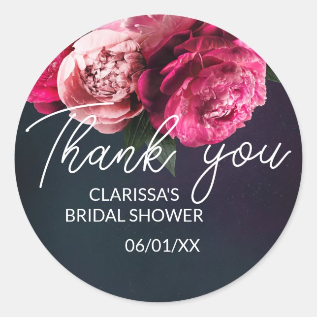 Chic Pink Peony Thank You Bridal Shower Classic Round Sticker (Front)
