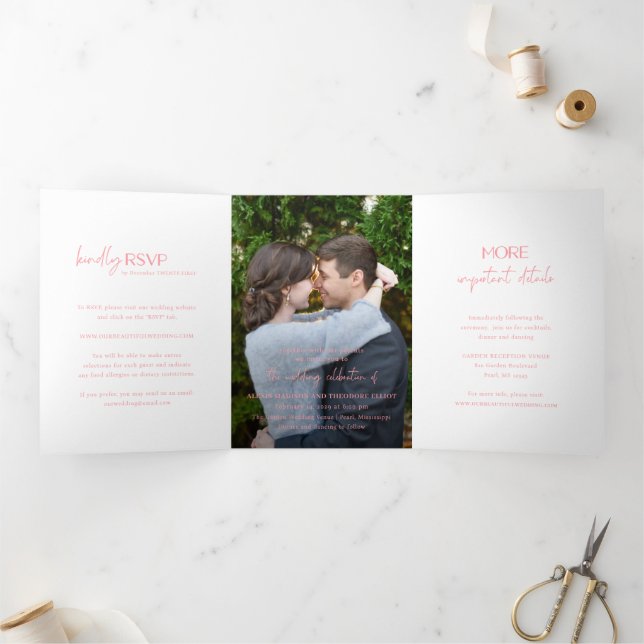 Chic Pink Photo Modern Wedding Tri-Fold Invitation (Inside)