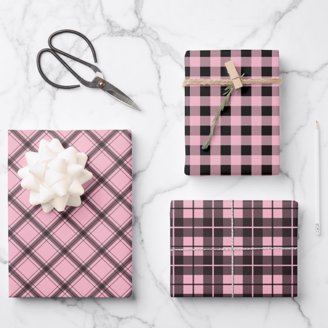Chic Pink Plaid Buffalo Check Mixed Pattern Wrapping Paper Sheet (Front)
