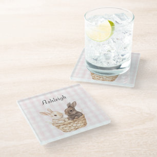 Chic Pink Plaid Stripes Bunnies in a basket Easter Glass Coaster