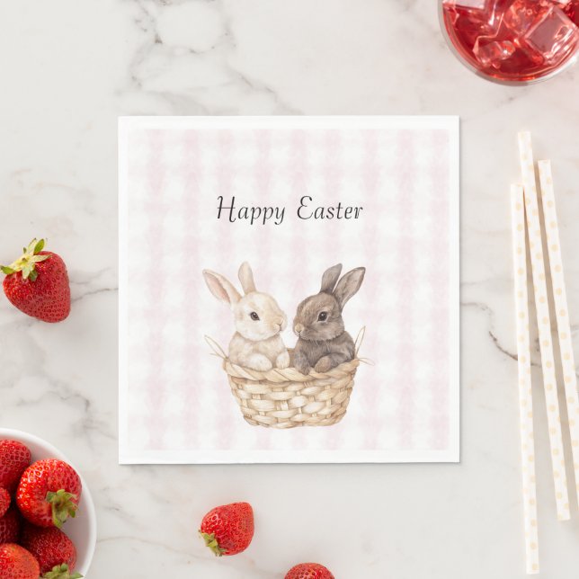 Chic Pink Plaid Stripes Bunnies in a basket Easter Napkin (Insitu)