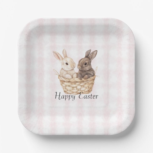 Chic Pink Plaid Stripes Bunnies in a basket Easter Paper Plate (Front)