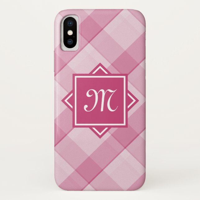 Chic Pink Plaid With Modern Diagonal Monogram Case-Mate iPhone Case (Back)